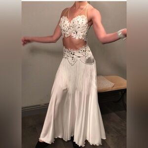 American Smooth Competition White Two-Piece Fringe dance Dress